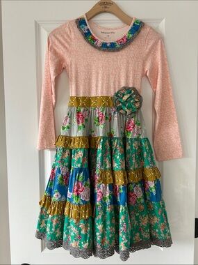 Mustard Pie Tiered Mixed Media Ruffle Dress Sz 10 w MEASUREMENTS